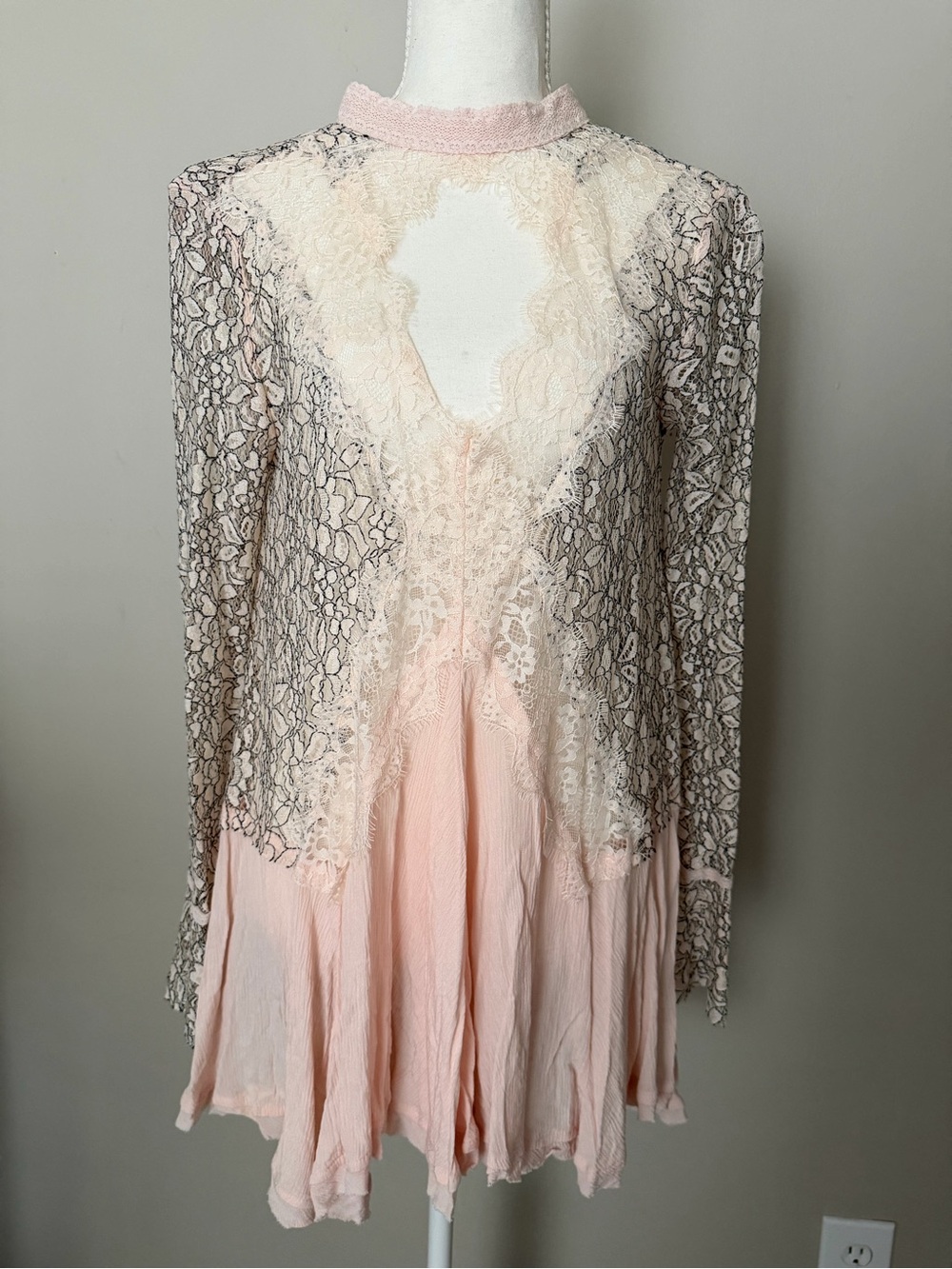 Free People Blush Pink Lace-Overlay Long Sleeve Mini Dress